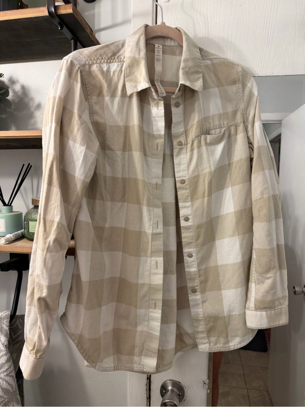 lululemon athletica Beige and White Plaid Button-Down Shirt